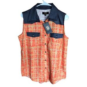 Lucky & Blessed Western Style Chambray Orange and Blue Sleeveless Rodeo Top